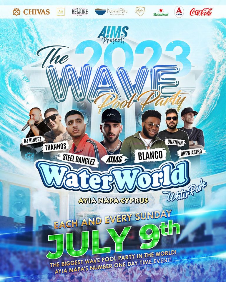 Huge Wave Party στο WaterWorld Waterpark  Catch the wave με τους A!MS, DJ KINDER, BLANCO, STEEL BANGLEZ, TRANNOS, UNKWN και DREW ASTRO.