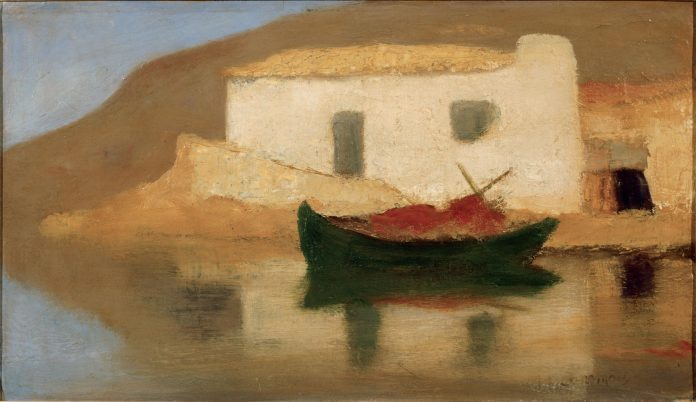 Μιχάλης Οικονόμου, Το σπίτι που ονειρεύεται, π.1929-1931, λάδι σε χαρτόνι, 40 x 69 εκ, Ιδιωτική Συλλογή